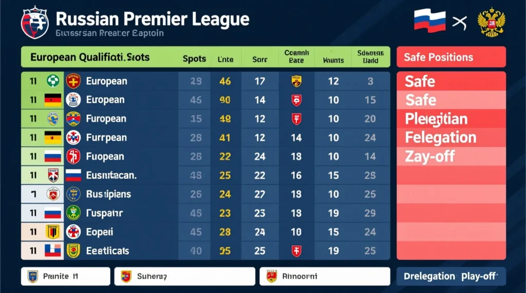 Положение в чемпионате России: свежая российская премьер-лига турнирная таблица после завершения всех игр. - иллюстрация