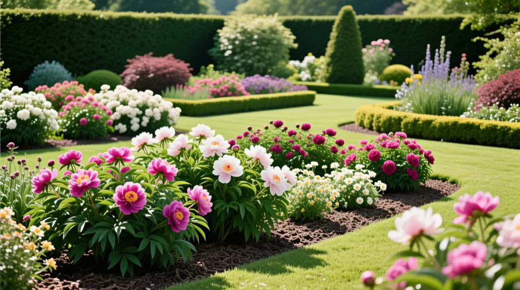 Садоводство и благоустройство клубных баз: какие сорта цветов, такие как пион купить для украшения территории. - иллюстрация