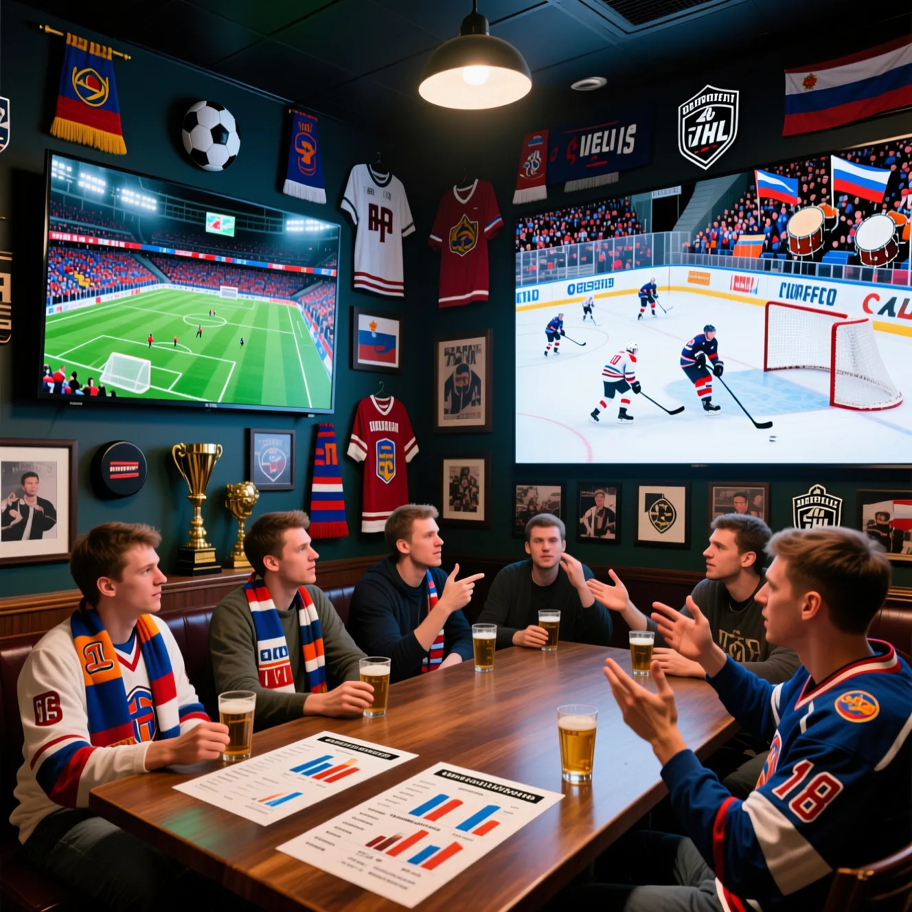 Футбольные фанаты обсуждают ледовые баталии и какая самая лучшая хоккейная команда в россии.