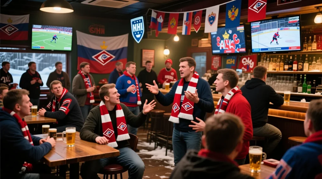 Футбольные болельщики обсуждают ледовые достижения и какая лучшая хоккейная команда россии. - иллюстрация