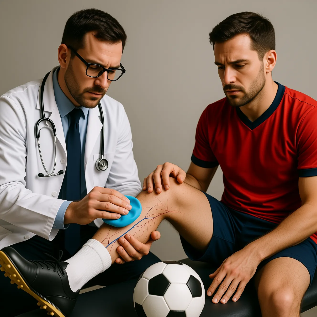 Медицинский аспект в спорте: что делать, если у футболиста видна вздутая вена на ноге после нагрузок.