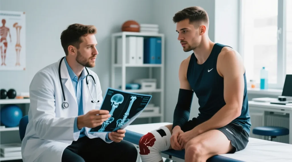 Травматизм в большом спорте: как проходит долгая реабилитация атлета после того, как он получил перелом ноги. - иллюстрация