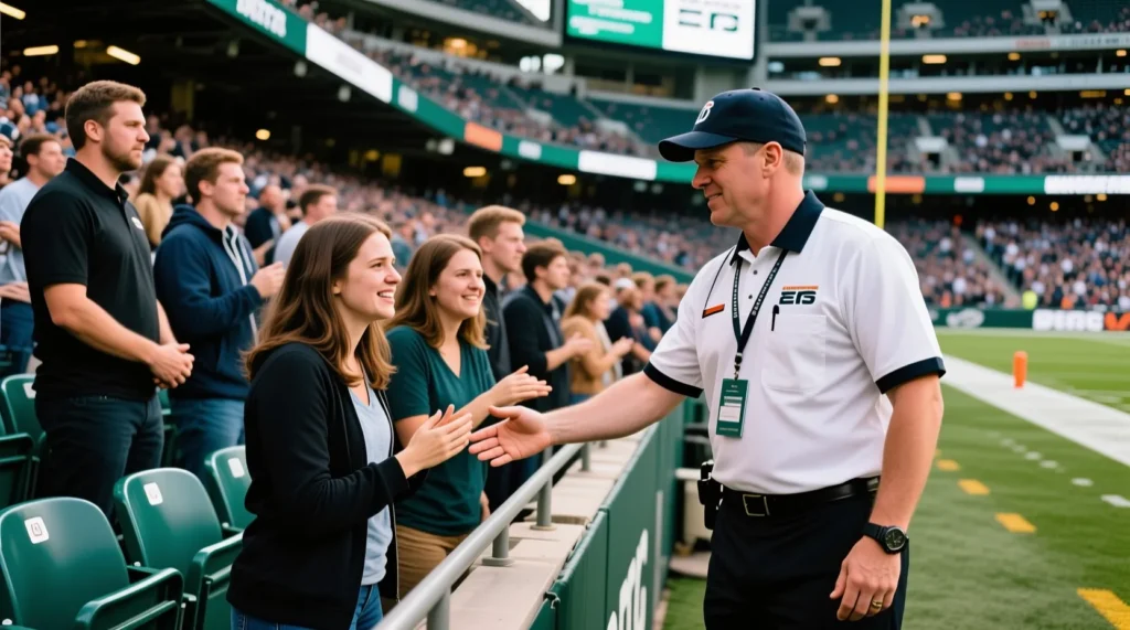 Вакансии и обязанности персонала на спортивной арене: как работает стюард на стадионе в день большого матча. - иллюстрация